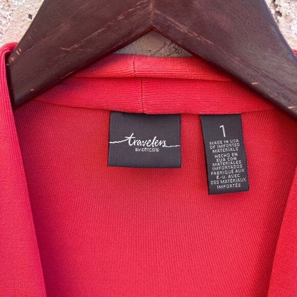 Chicos Travellers Coral Open Cardigan Gold Hoop Sleeve Detail Size 1 (Medium) - Picture 3 of 5
